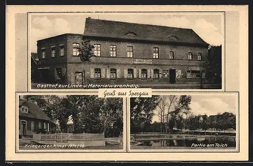 AK Spergau, Gasthof zur Linde und Materialwarenhandlung, Kriegerdenkmal 1914-18, Partie am Teich