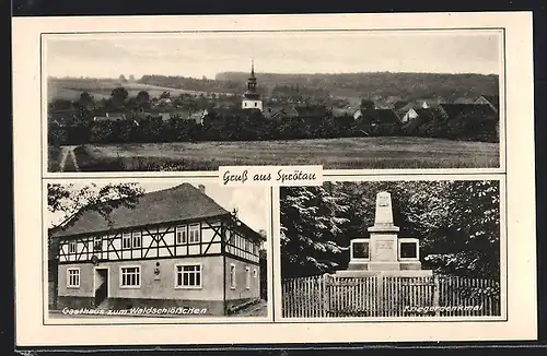 AK Sprötau, Gasthaus zum Waldschlösschen, Kriegerdenkmal