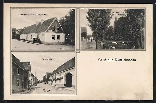AK Dietrichsroda, Restaurant von H. Reifesntien, Partie am Teich und an der Kirche, Dorfstrasse
