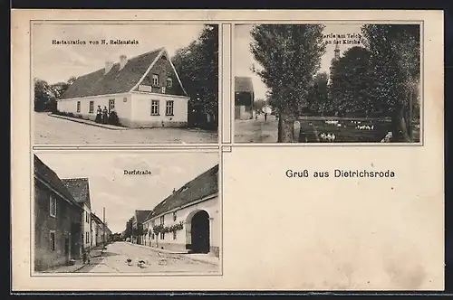 AK Dietrichsroda, Restaruant von H. Reifenstein, Partie am Teich und an der Kirche, Dorfstrasse