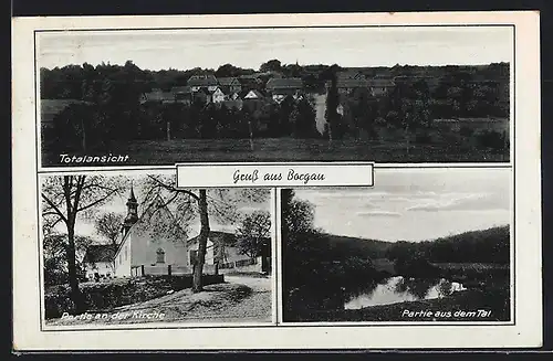 AK Borgau, Kirche, Partie aus dem Tal, Panorama