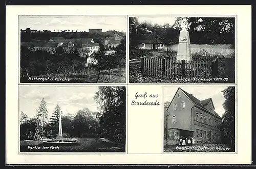 AK Branderoda, Rittergut & Kirche, Kriegerdenkmal, Gasthaus