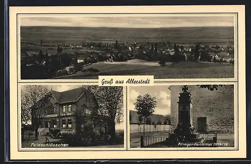 AK Allerstedt, Gasthaus Feldschlösschen Herbert Wolf, Kriegerdenkmal 1914-18, Teilansicht