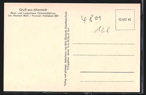 AK Allerstedt, Gasthaus Feldschlösschen Herbert Wolf, Kriegerdenkmal 1914-18, Teilansicht