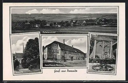 AK Pomnitz, Gasthaus Pomnitz, Kirche, Kriegerdenkmal, Totalansicht
