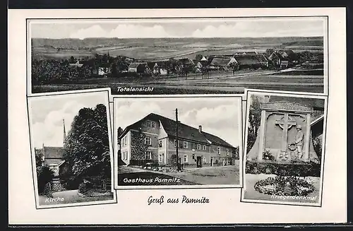 AK Pomnitz, Gasthaus Pomnitz, Kirche, Kriegerdenkmal, Totalansicht