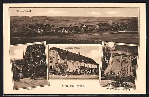 AK Pomnitz, Gasthaus Pomnitz, Kirche, Kriegerdenkmal 1914-18