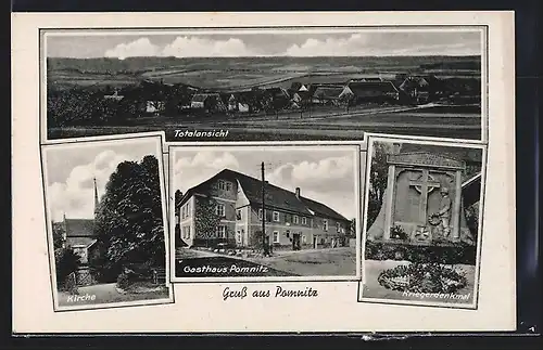 AK Pomnitz, Gasthaus Pomnitz, Kirche, Kriegerdenkmal, Totalansicht