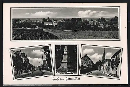 AK Gatterstädt, Strassenpartie mit Gebäudeansicht, Strassenpartie mit Kirche, Denkmal 1914-18