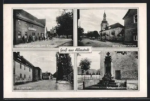 AK Allerstedt, Gasthaus zur Linde, Kirche, Kriegerdenkmal 1914-18
