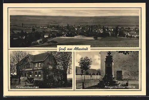 AK Allerstedt, Panorama mit Feldschlösschen, Inh. Herbert Wolf, Kriegerdenkmal