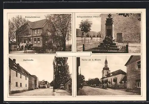 AK Allerstedt, Gasthaus Feldschlösschen von Rudolf Lange, Kirche, Kriegerdenkmal 1914-18