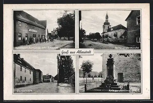 AK Allerstedt, Gasthaus zur Linde, Dorfstrasse, Kriegerdenkmal, Kirche