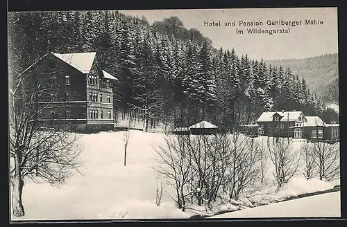 AK Gehlberg /Wildengeratal, Hotel und Pension Gehlberger Mühle im Schnee