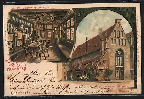 Künstler-AK C.Biese: Nürnberg, Bratwurstglöcklein, Aussen- und Innenansicht