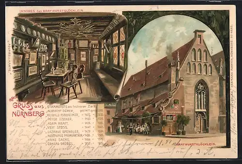 Künstler-AK C.Biese: Nürnberg, Bratwurstglöcklein, Aussen- und Innenansicht