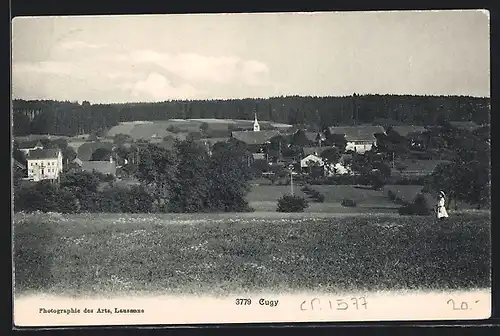 AK Cugy, Ortsansicht vor Waldgebiet