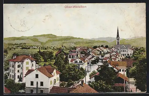 AK Wetzikon, Ober-Wetzikon, Ortsansicht mit Kirche gegen Hügel