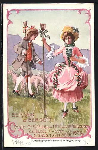Künstler-AK Vevey, Berger & Bergère, La Fête des Vignerons 1905, Hirte und Hirtin mit Schafen