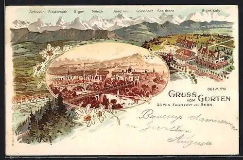 Lithographie Köniz, Gurten mit Bergpanorama