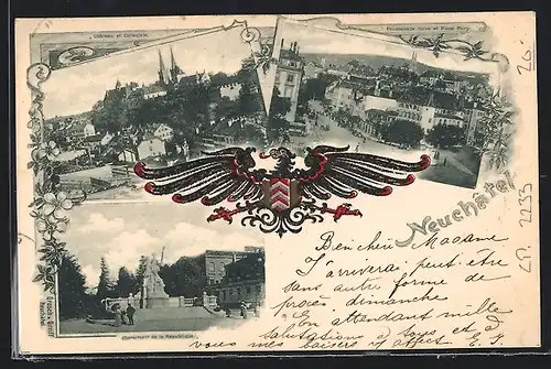 Präge-AK Neuchâtel, Ortspartie, Denkmal, Strassenpartie