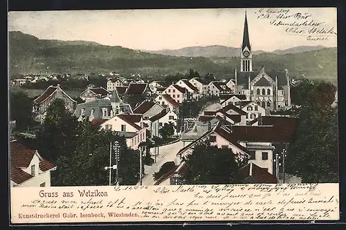 AK Wetzikon, Strassenpartie mit Apotheke und Kirche