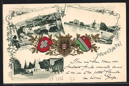 AK Neuchatel, Promenade noire et Place Pury, Monument de la Republique, Les Postes et le Port, Wappen