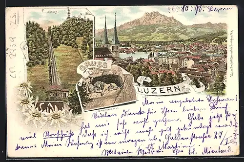 Lithographie Luzern, Gütsch-Bergbahn, Löwendenkmal