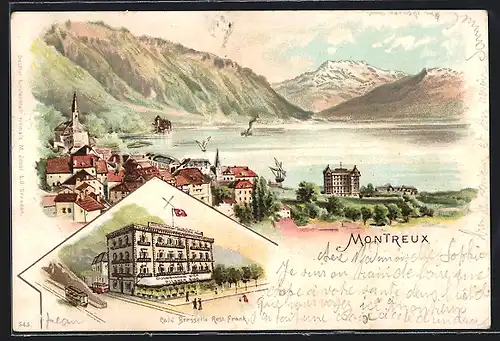 Lithographie Montreux, Gesamtansicht am Wasser, Café-Restaurant-Brasserie Frank, Strassenbahn