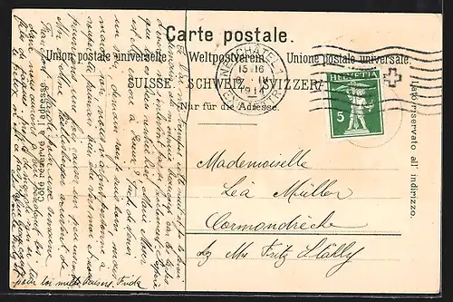 Lithographie Neuchatel, Dame beim Schreiben, Ortsansicht gegen die Alpen