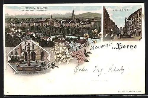 Lithographie Bern, Panorama de la Ville, La Grande Rue, La Fontaine de l`Ogre
