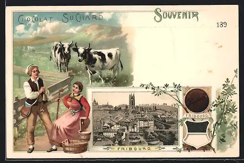 Lithographie Fribourg, Pärchen auf der Alm, Ortsansicht, Reklame Chocolat Suchard