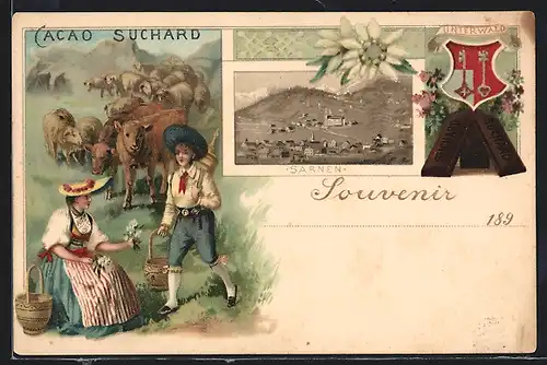 Lithographie Sarnen, Reklame für Cacao Suchard, Ansicht von Sarnen