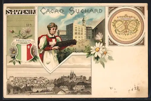 Lithographie Neuchatel, Kakao Suchard, Frau in Tracht, Ortsansicht, Wappen