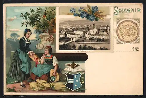 Lithographie Aarau, Zwei Frauen im Garten mit Getreide, Chocolat Suchard
