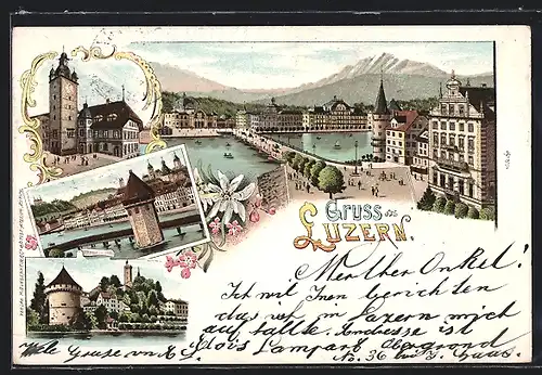 Lithographie Luzern, Teilansicht gegen die Berge, Rathaus, gedeckte Brücke mit Turm