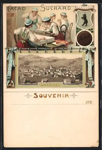 Lithographie Appenzell, Teilansicht, Reklame für Cacao Suchard, Wappen