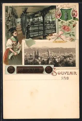 Lithographie St. Gallen, Ortsansicht, Blick in eine Weberei, Reklame für Suchard