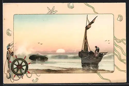 Lithographie Fischerboot am Hafen, Passepartout