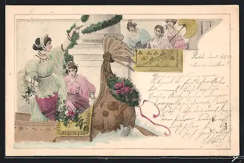 AK Jugendstil, Drei Frauen am Balkon schauen auf zwei Frauen im Boot