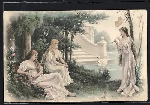 AK Junge Flötenspielerin mit Gefährtinnen in Parkidylle, Jugendstil