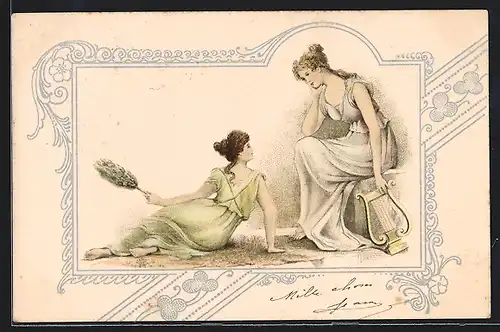Lithographie Junge Frauen in antiken Gewändern, Pfauenfedern, Lyra, Jugendstil