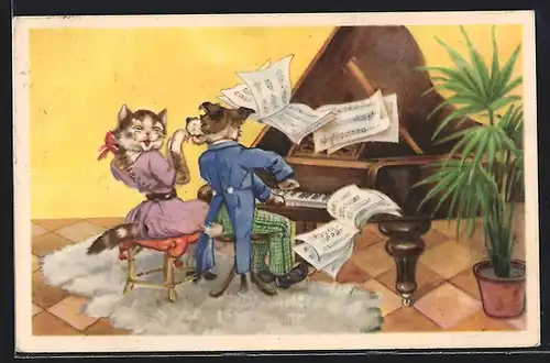 AK Hund und Katze sitzen am Flügel, vermenschlichte Tiere