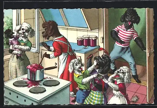 Künstler-AK Pudelkinder zanken sich um eingekochte Marmelade, vermenschlichte Tiere
