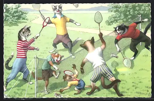 Künstler-AK Katzen spielen Badminton