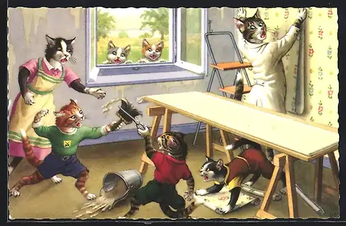 AK Katzenfamilie beim Renovieren