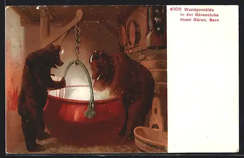 Künstler-AK Bern, Hotel Bären, Wandgemälde in der Bärenstube, Bären am Kessel