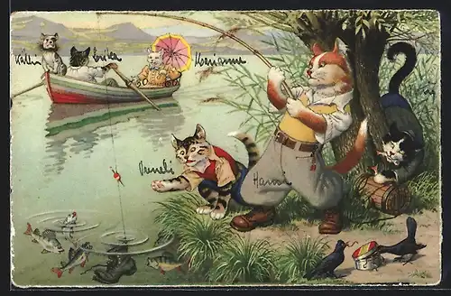 AK Angelnder Kater mit Katzensohn am Ufer, vermenschlichte Tiere