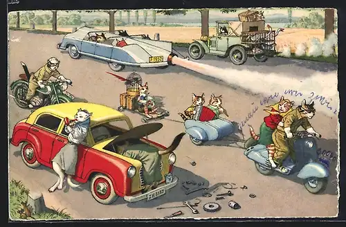 Künstler-AK Katzen im Strassenverkehr mit Motorrad und Auto