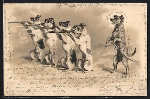 Präge-AK Vier Hunde mit Gewehren, vermenschlichte Tiere